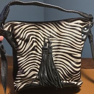 Patricia Nash Chic Zebra Cowhair Patterned Black Leather Shoulder Bag